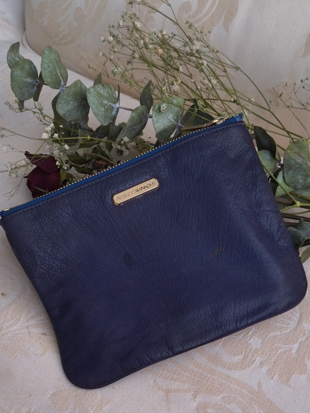 Rebecca Minkoff Deep Navy Leather Zip Clutch with Gold Plaque